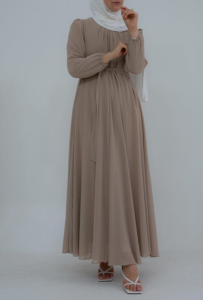 Loona khaki chiffon maxi dress lined and with long sleeves - ANNAH HARIRI