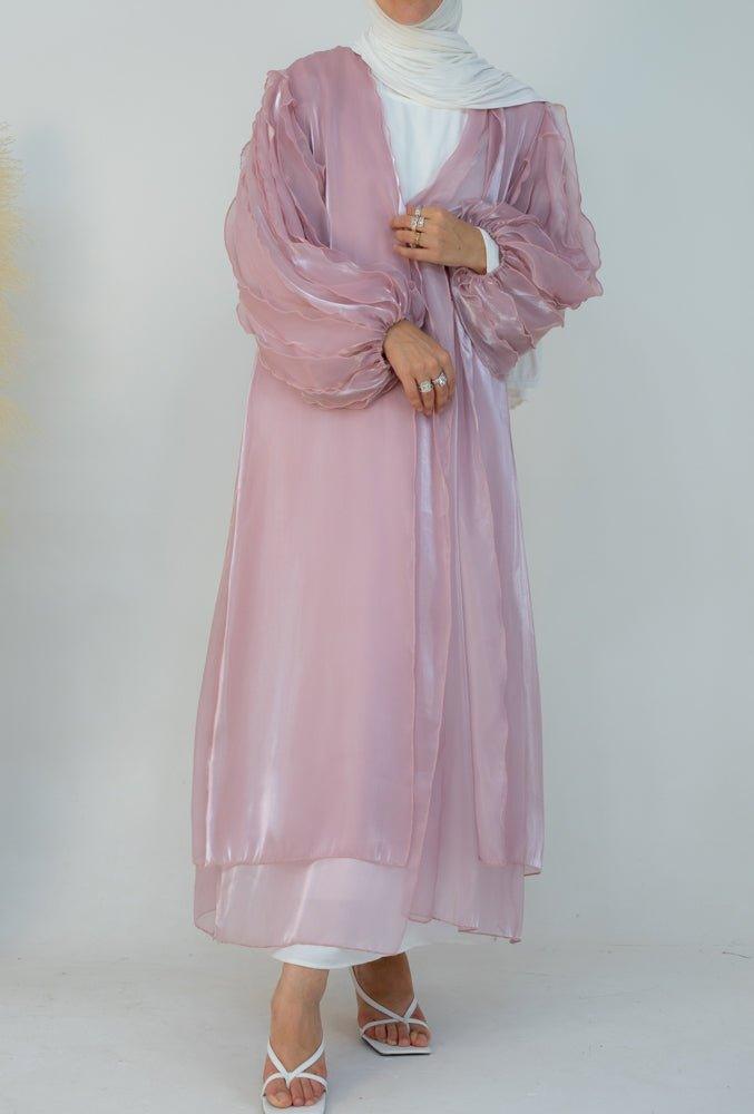 Lotus faux organza abaya throw over with ruffled sleeve in delicate pink - ANNAH HARIRI