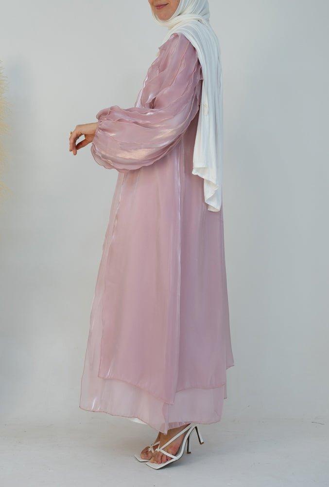 Lotus faux organza abaya throw over with ruffled sleeve in delicate pink - ANNAH HARIRI