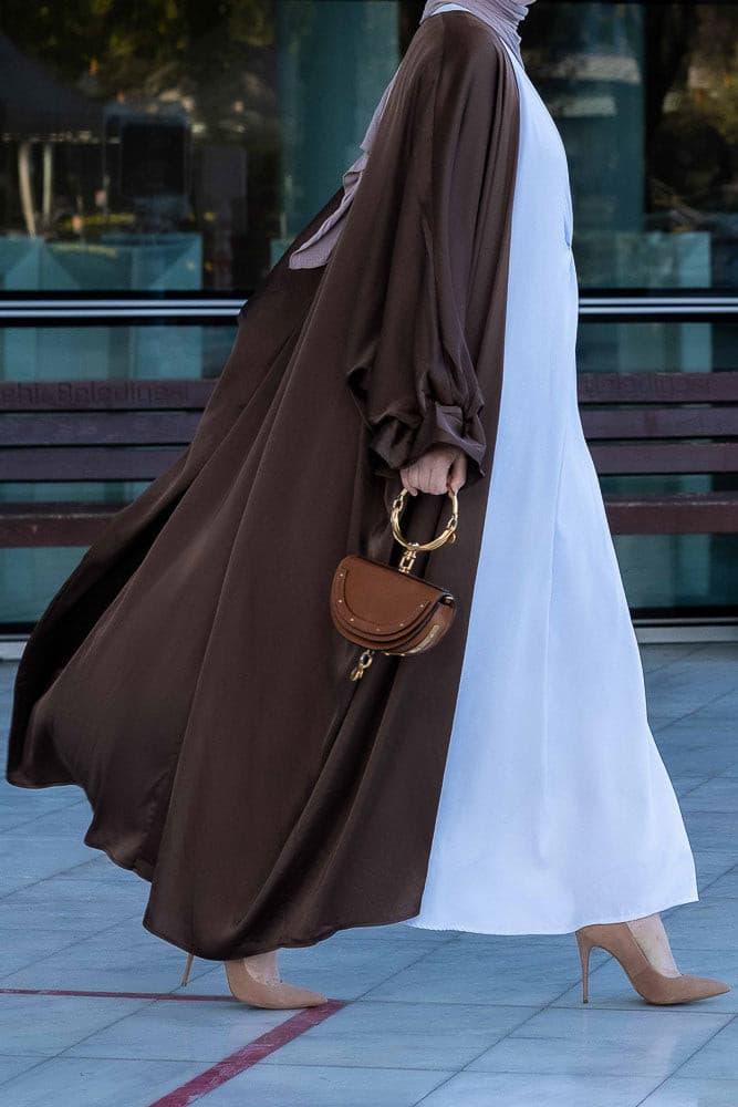Loves open front maxi satin abaya throw over in chocolate brown - ANNAH HARIRI