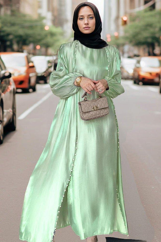Lusindi organza like faux pearl abaya with slip dress and detachable belt ramadan eid set in light green - ANNAH HARIRI