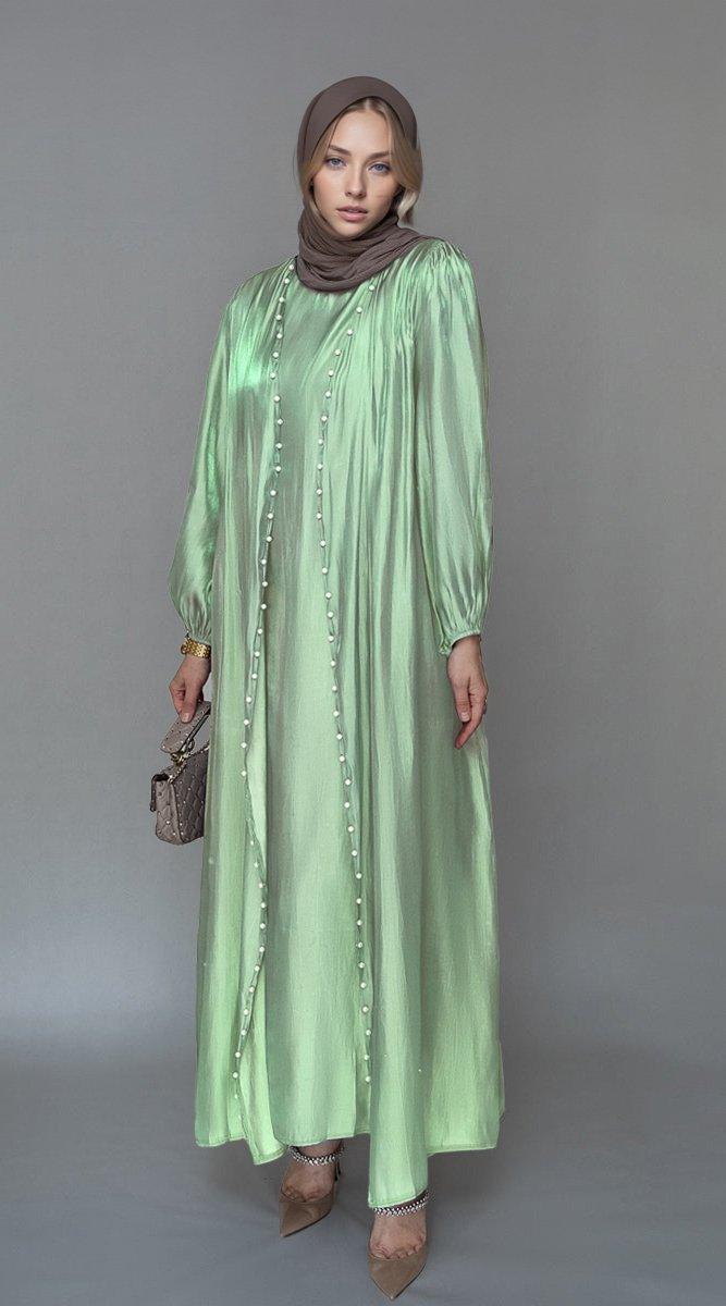Lusindi organza like faux pearl abaya with slip dress and detachable belt ramadan eid set in light green - ANNAH HARIRI