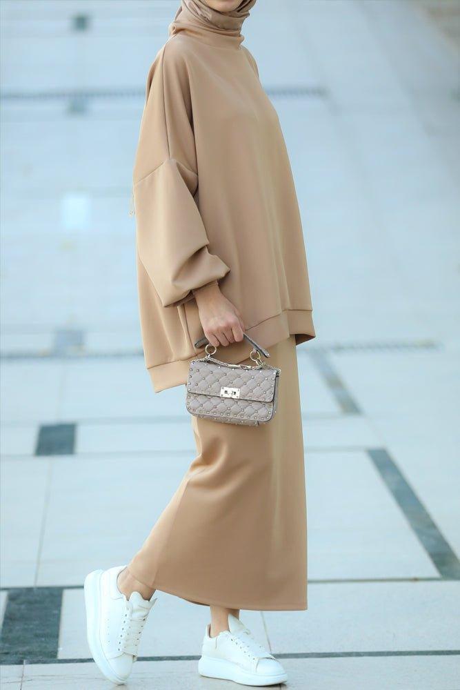 Lux oversized sweatshirt with raglan sleeve and Tall maxi pencil skirt in beige - ANNAH HARIRI