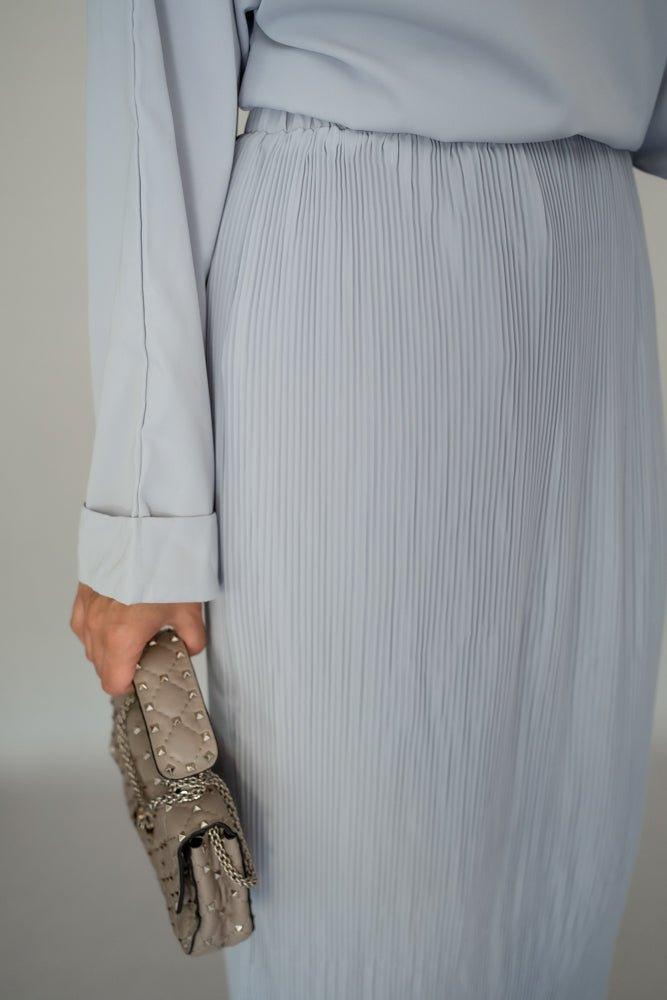 Luxe Co Ord two piece set with pleated skirt and loose kimono sleeve top in grey - ANNAH HARIRI