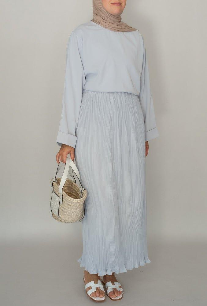 Luxe Co Ord two piece set with pleated skirt and loose kimono sleeve top in grey - ANNAH HARIRI