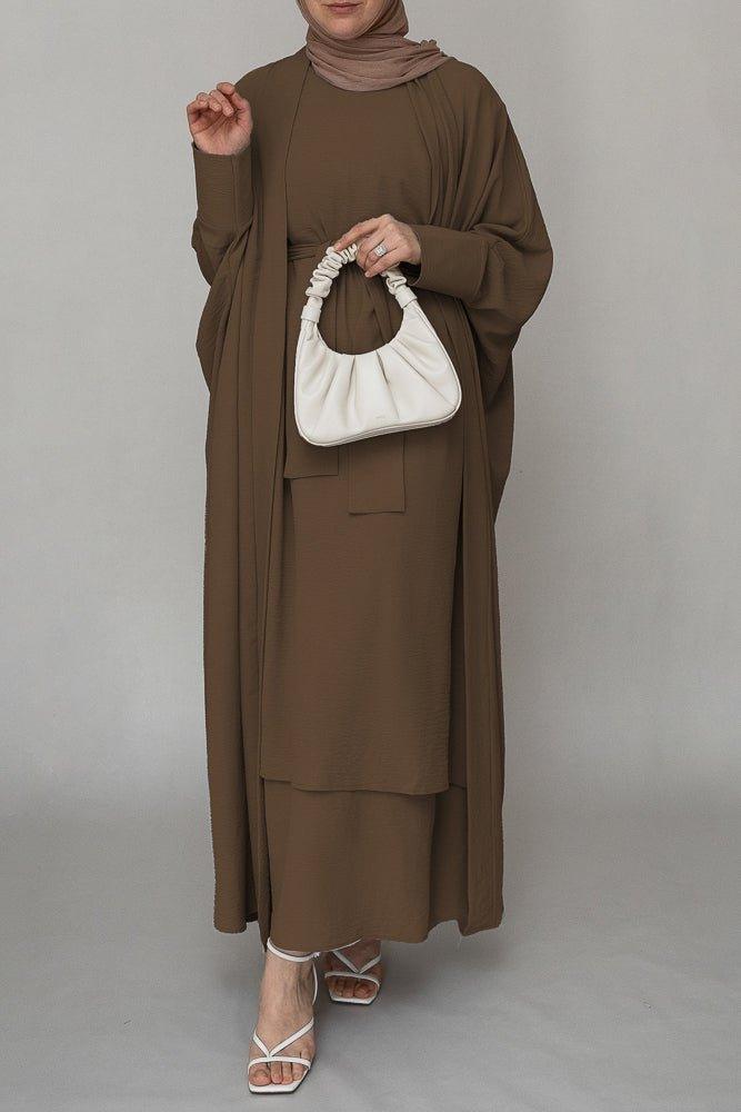 Luzia three piece abaya set with ling sleeve slip dress throw over and a belt in coffee - ANNAH HARIRI