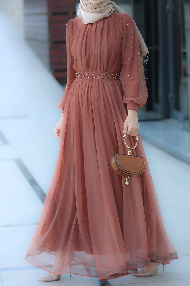 Maeve maxi tulle dress with long sleeve in brown and pearl embellishment - ANNAH HARIRI