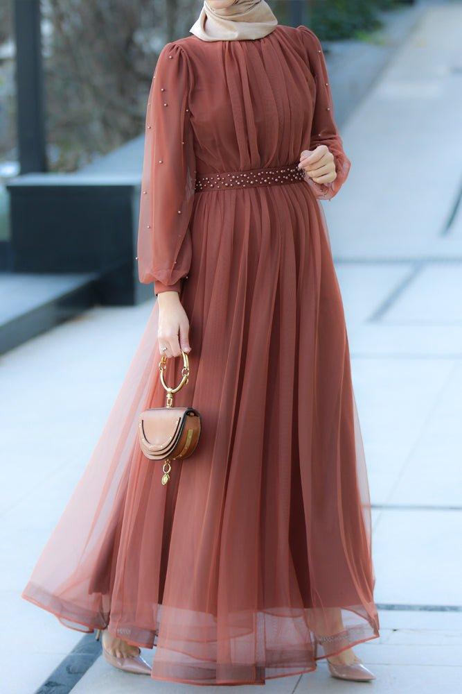 Maeve maxi tulle dress with long sleeve in brown and pearl embellishment - ANNAH HARIRI