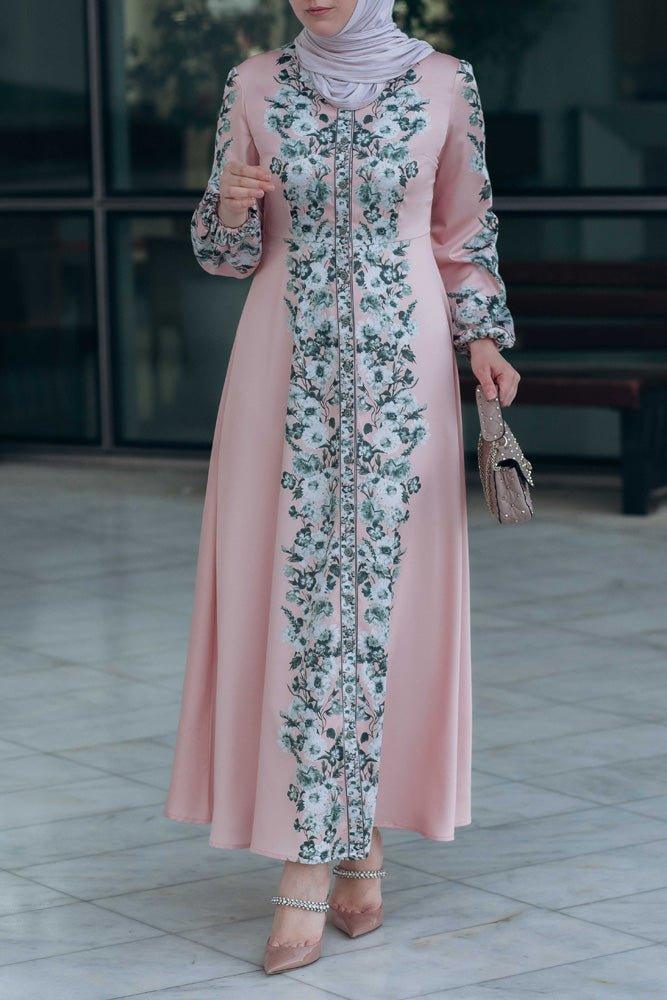 Malaika floral print maxi dress with long sleeve and front button fastening - ANNAH HARIRI