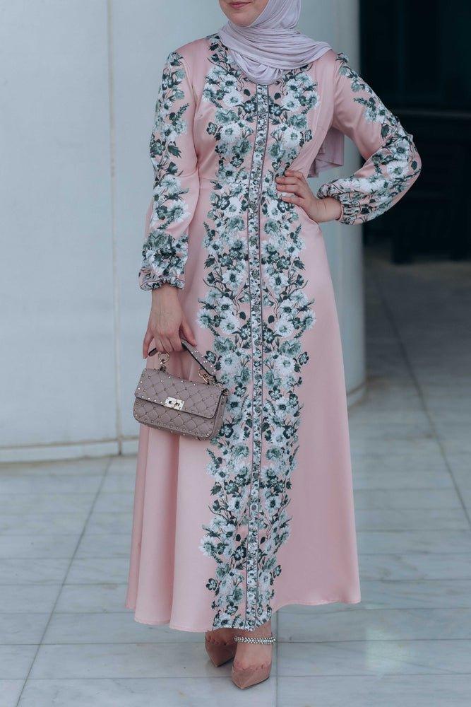 Malaika floral print maxi dress with long sleeve and front button fastening - ANNAH HARIRI