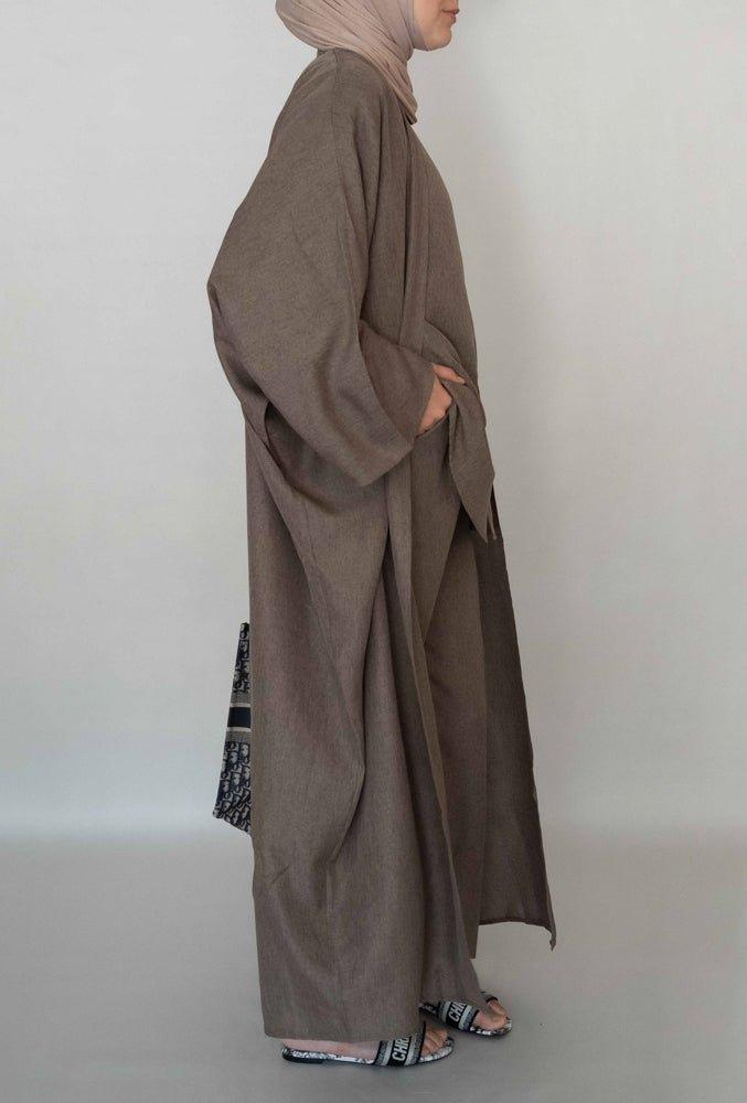 Manuka linen abaya throw over in brown - ANNAH HARIRI