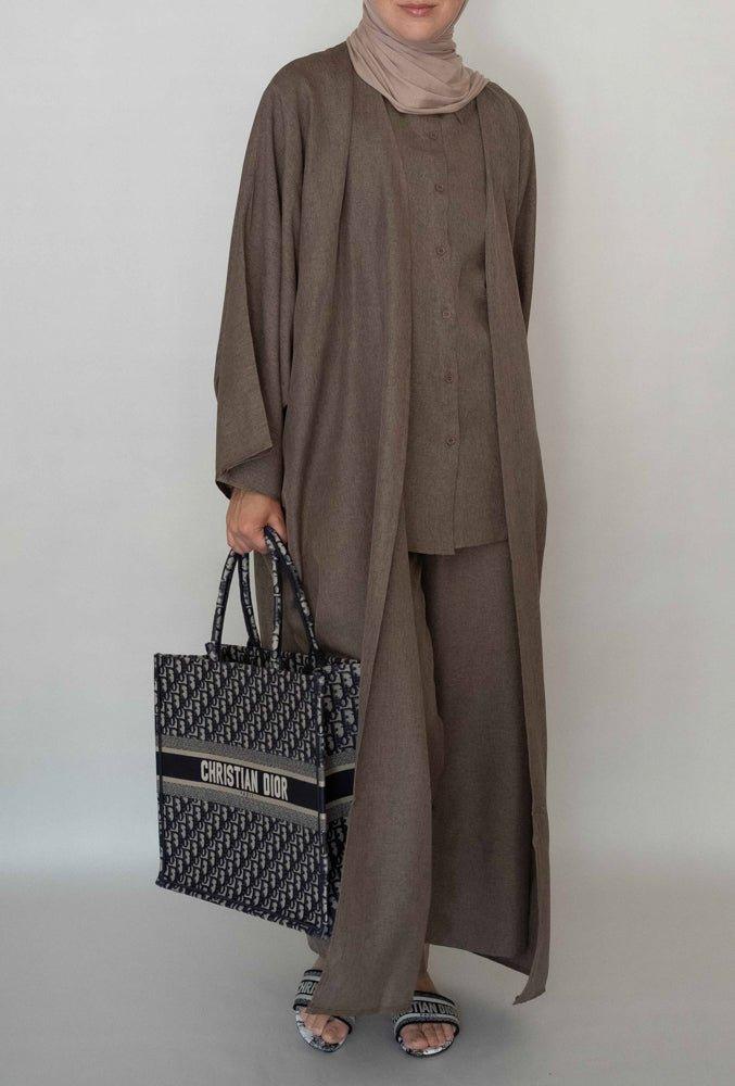 Manuka linen abaya throw over in brown - ANNAH HARIRI
