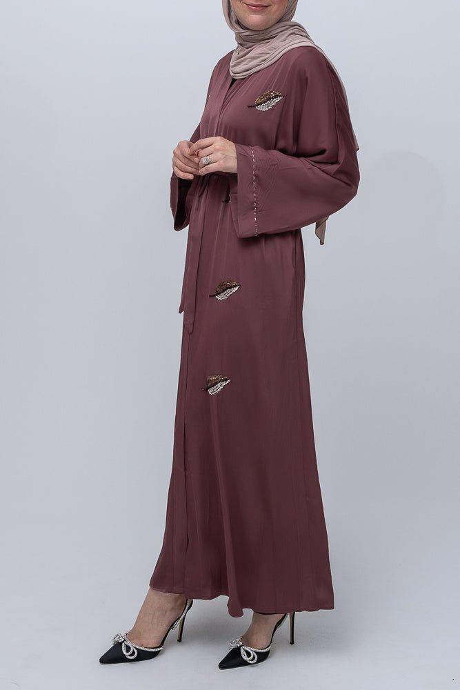 Maroon Eedith embroidered abaya with tassel belt and kimono sleeves details Eid occasion abaya - ANNAH HARIRI