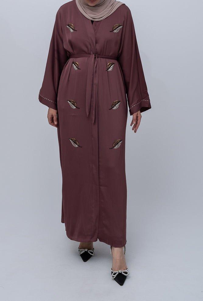 Maroon Eedith embroidered abaya with tassel belt and kimono sleeves details Eid occasion abaya - ANNAH HARIRI