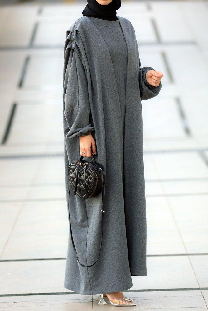 Maxi abaya cardi with volume sleeve in charcoal - ANNAH HARIRI