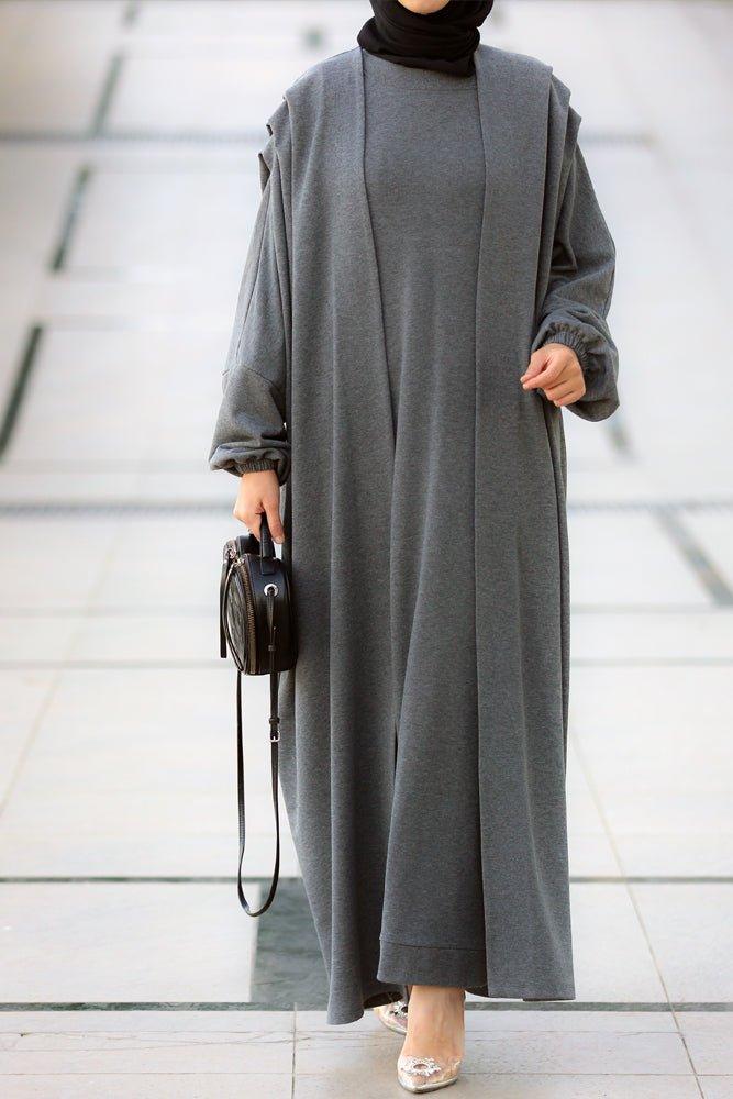 Maxi abaya cardi with volume sleeve in charcoal - ANNAH HARIRI
