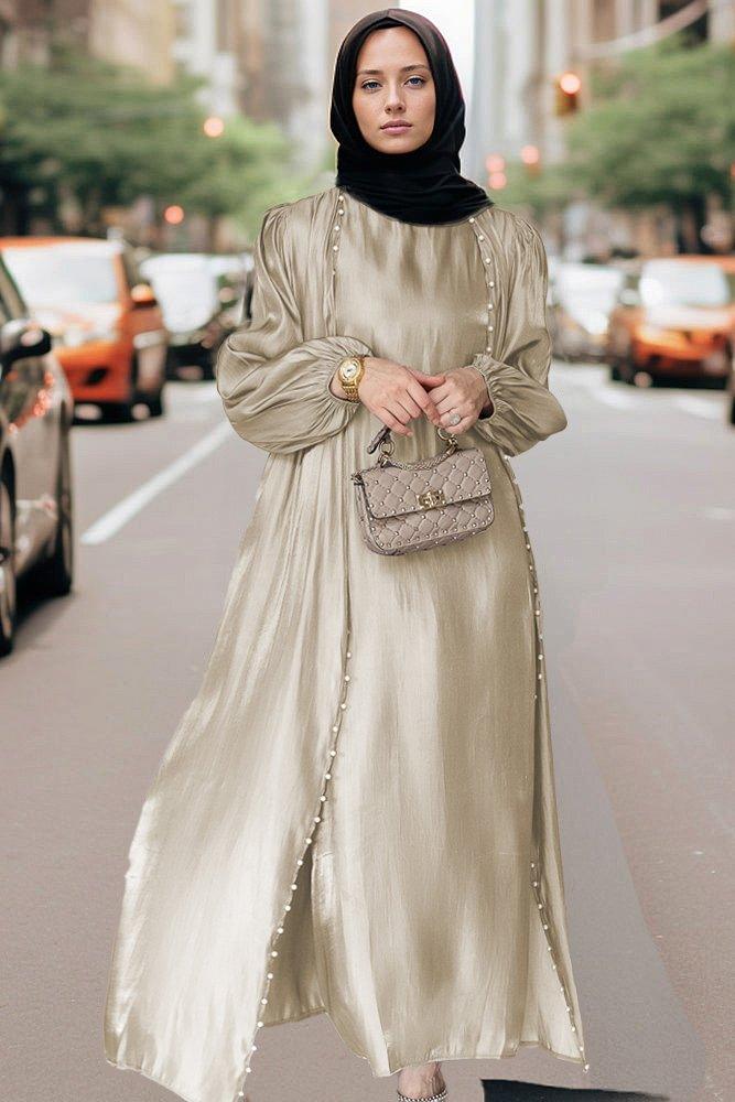 Mayrose organza like faux pearl abaya with slip dress and detachable belt ramadan eid set in beige - ANNAH HARIRI