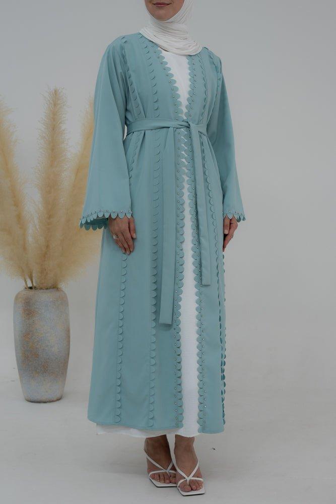 Mei turquoise green abaya with beads and decorative piping cut - ANNAH HARIRI