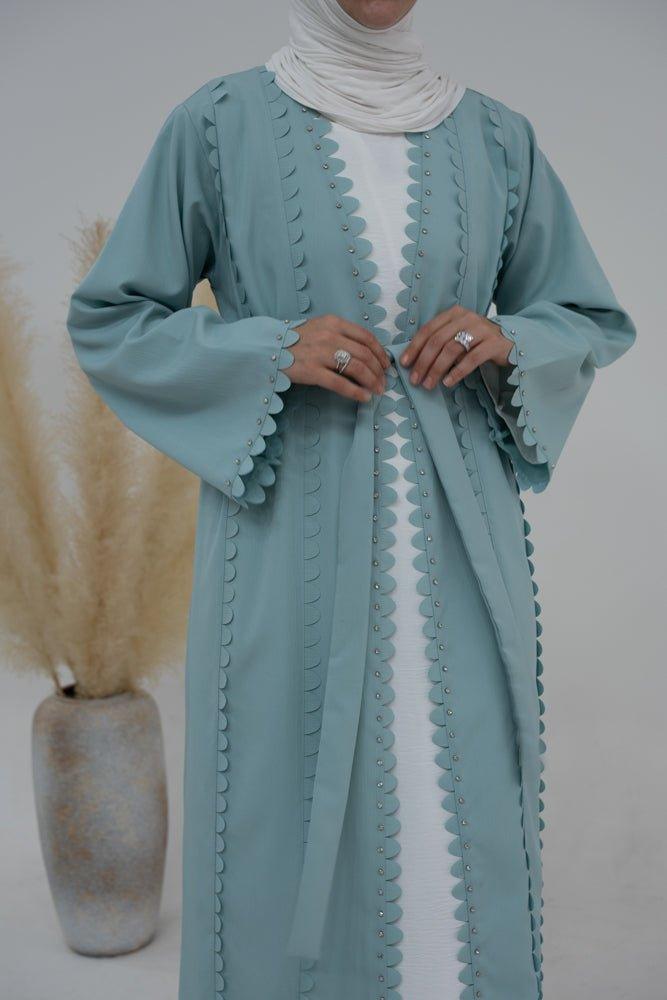 Mei turquoise green abaya with beads and decorative piping cut - ANNAH HARIRI