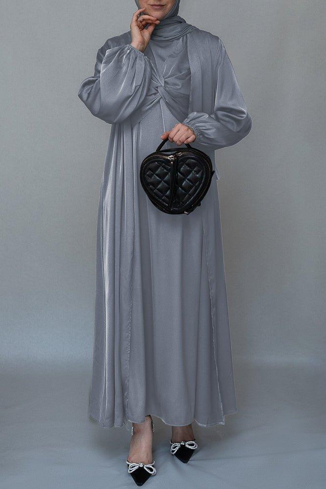 Meltem 2 piece luxury 2 piece abaya with wrap bodice in grey - ANNAH HARIRI