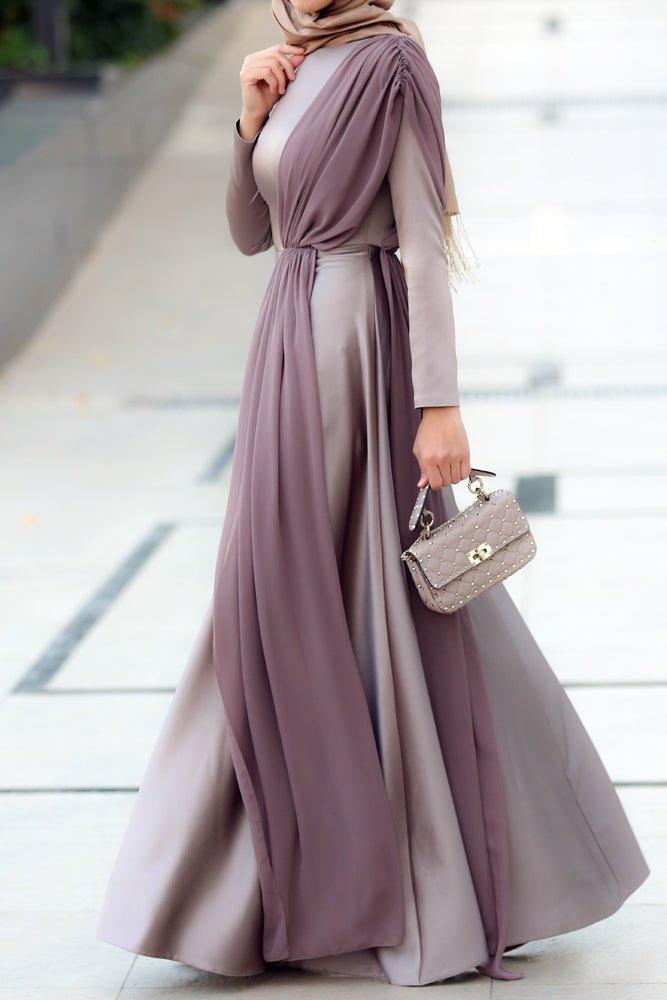 Mink satin maxi dress with long sleeve and chiffon bodice piece - ANNAH HARIRI