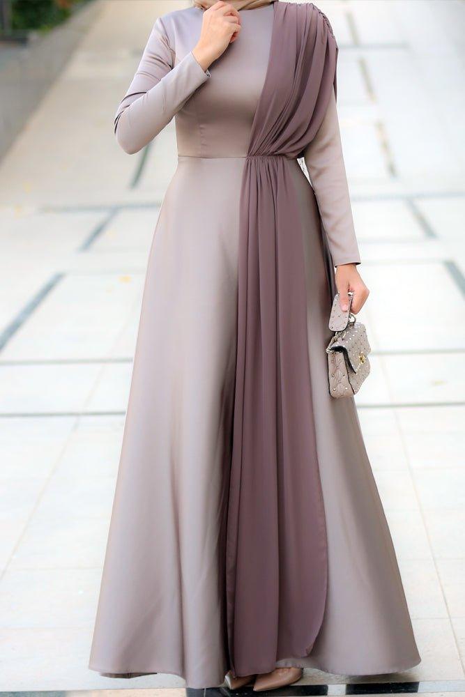 Mink satin maxi dress with long sleeve and chiffon bodice piece - ANNAH HARIRI