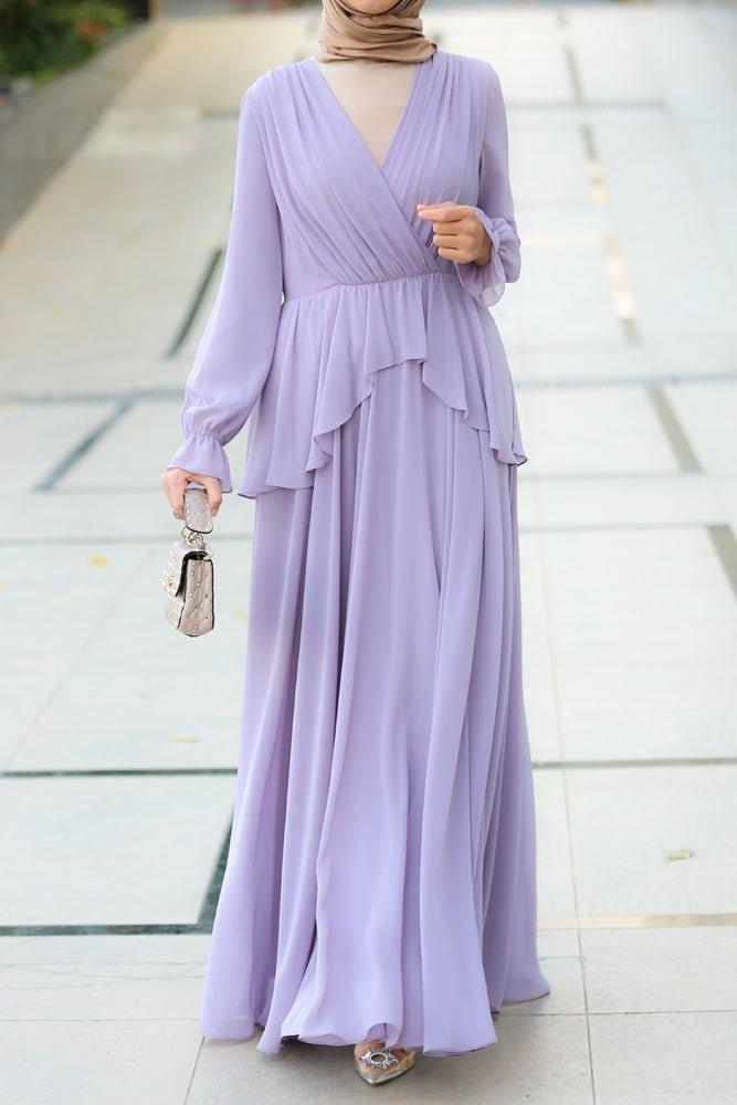Minosa Modest Bridesmaid ruched waist maxi dress with long sleeves and pleat skirt in velvet - ANNAH HARIRI