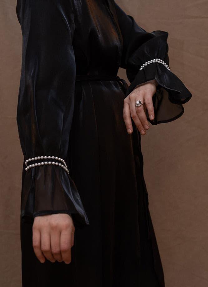 Mirelia long sleeve organza abaya throw over with ruched sleeve faux pearl embroidery - ANNAH HARIRI
