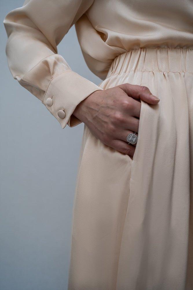 Moncherry Blouse Skirt Modest set maxi skirt with elasticated waistband maxi sleeve buttoned shirt with a detachable belt in beige - ANNAH HARIRI
