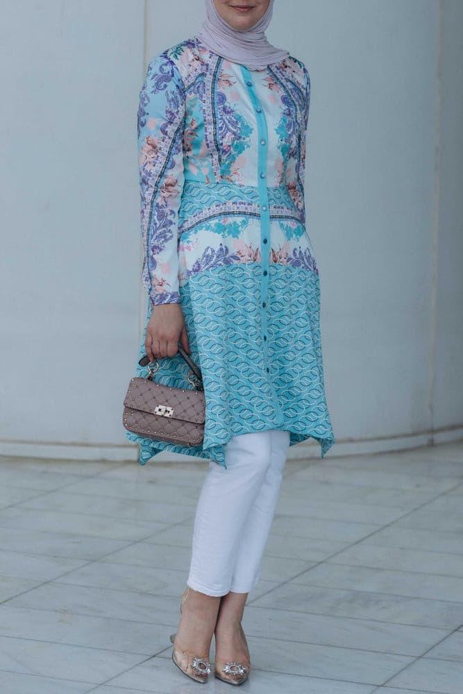 Mucevher Shirt Tunic with uneven cut and long sleeve in turquoise - ANNAH HARIRI