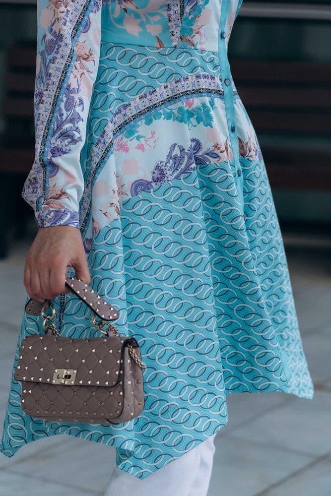 Mucevher Shirt Tunic with uneven cut and long sleeve in turquoise - ANNAH HARIRI
