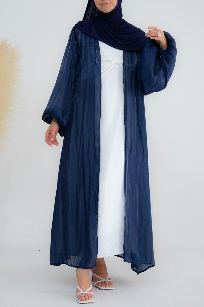 Navy Cchloe open front faux organza abaya with balloon sleeves - ANNAH HARIRI
