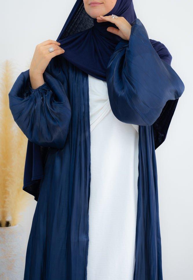 Navy Cchloe open front faux organza abaya with balloon sleeves - ANNAH HARIRI