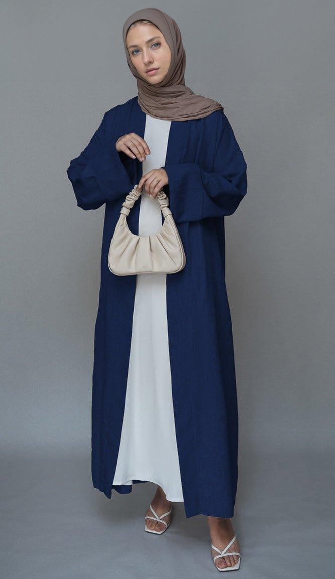 Navy Lounia maxi throw over abaya in light linen fabric with a detachable belt - ANNAH HARIRI