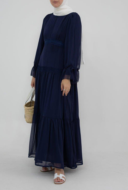 Navy Vivvie chiffon lined flared dress with long sleeve and lace detailing - ANNAH HARIRI