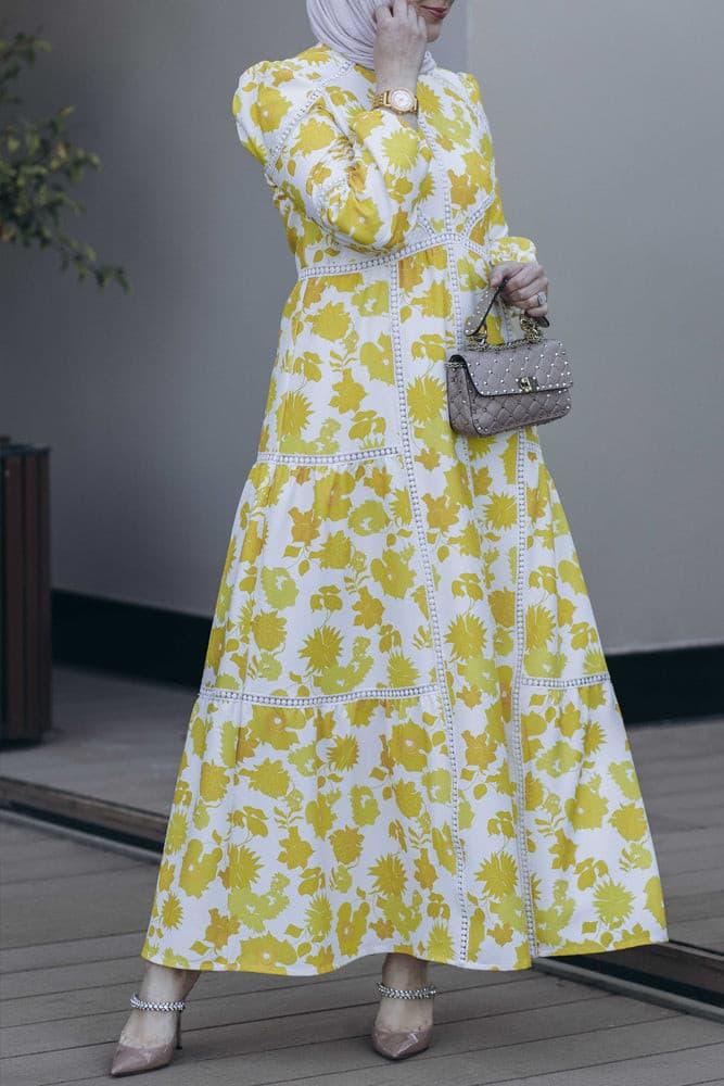 Necole lace trimmed maxi dress in yellow floral print - ANNAH HARIRI
