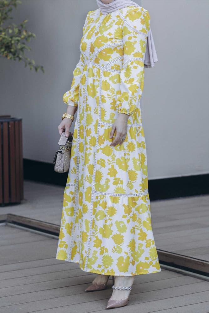 Necole lace trimmed maxi dress in yellow floral print - ANNAH HARIRI