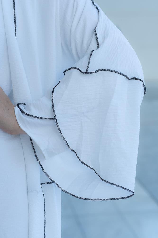 Noraa three piece maxi abaya in white with contrast black piping - ANNAH HARIRI