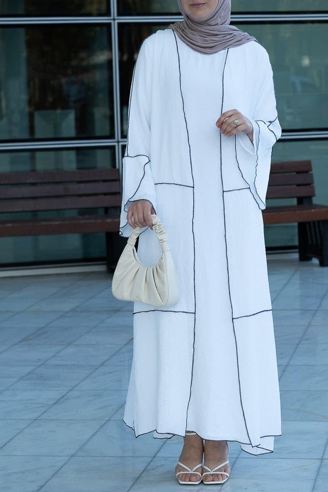 Noraa three piece maxi abaya in white with contrast black piping - ANNAH HARIRI