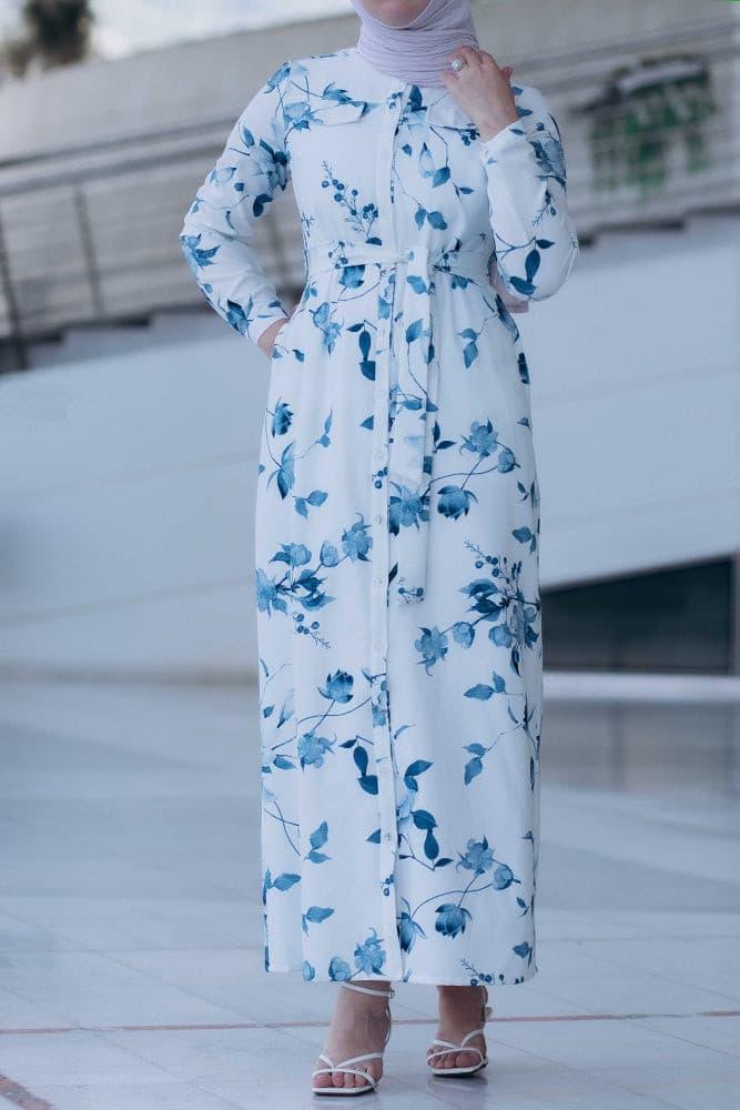 Ocean maxi shirt dress with front button fastening and pockets - ANNAH HARIRI