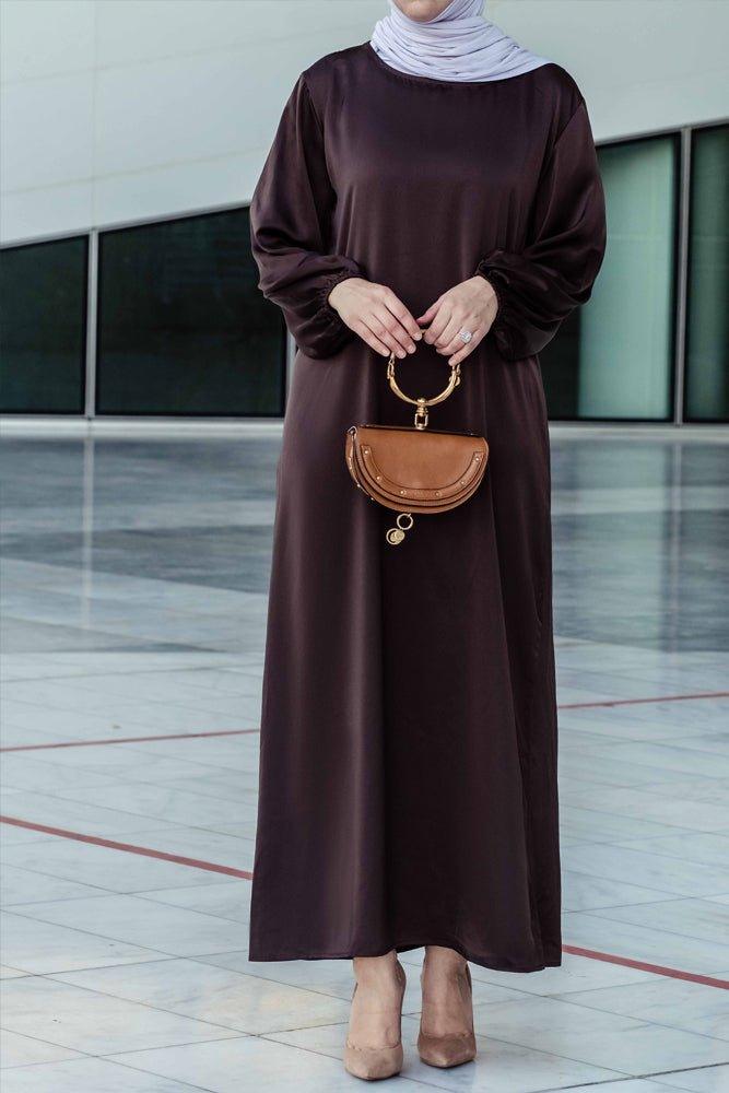 Ohlivia maxi abaya dress with detached apron elasticated sleeve like tie waist piece in satin dark chocolate - ANNAH HARIRI