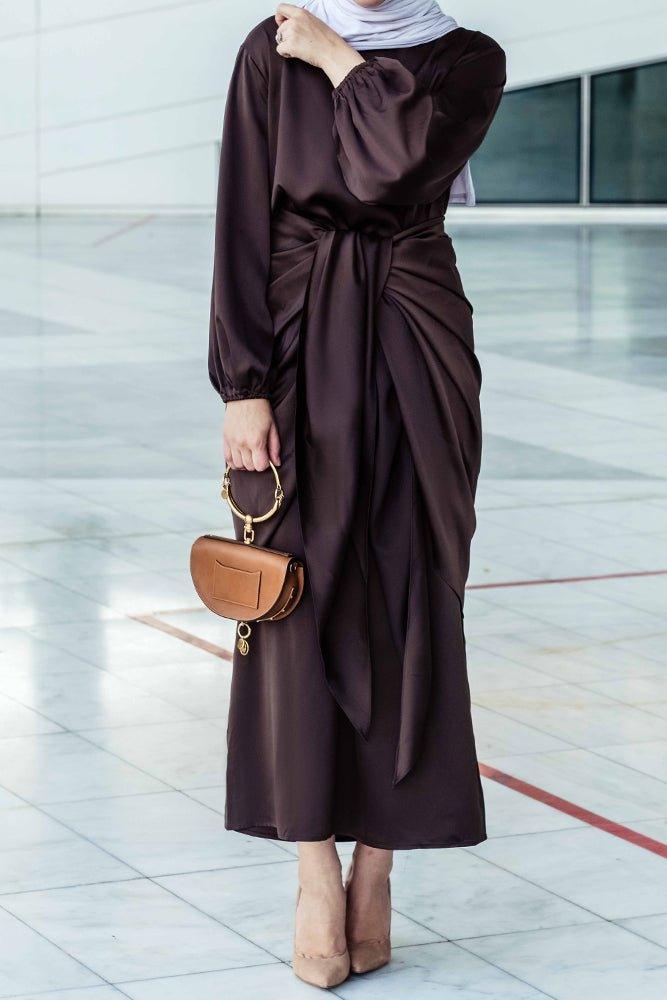 Ohlivia maxi abaya dress with detached apron elasticated sleeve like tie waist piece in satin dark chocolate - ANNAH HARIRI