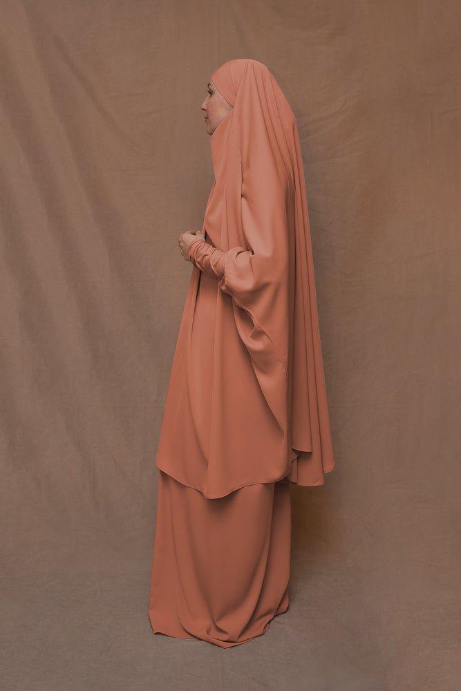 Orange Moira prayer Umrah gown with niqab feature - ANNAH HARIRI