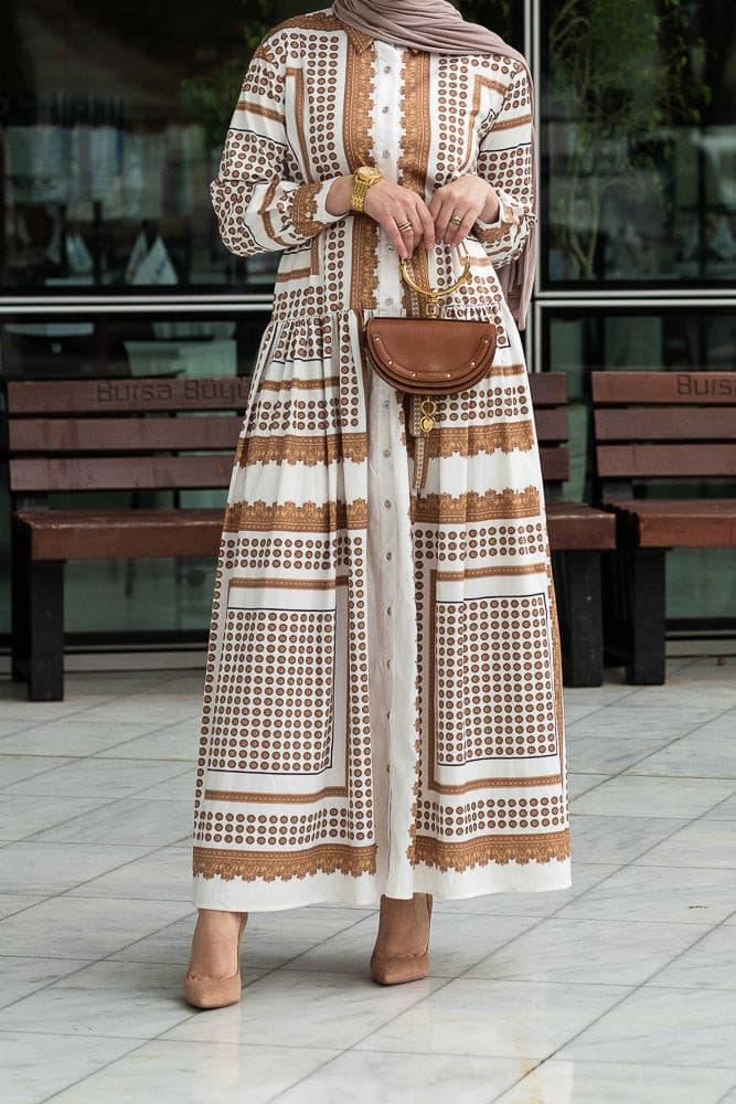 Orianna scarf-print maxi dress with front button fastening breastfeeding friendly and long sleeved - ANNAH HARIRI