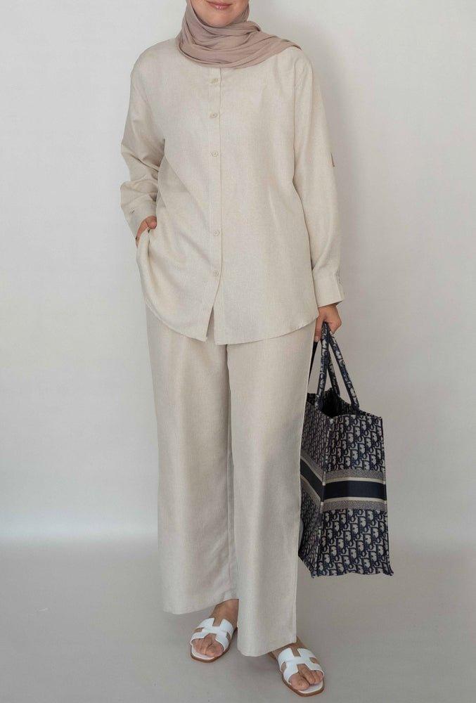 Pants Myyia in beige linen loose cut elasticated waist with pockets - ANNAH HARIRI