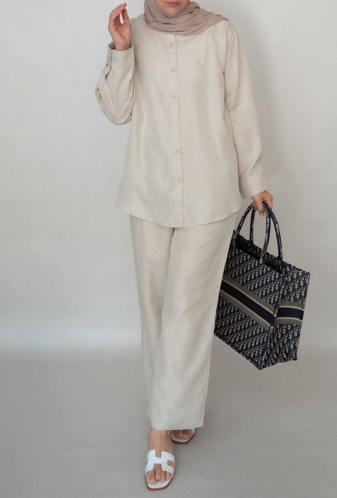 Pants Myyia in beige linen loose cut elasticated waist with pockets - ANNAH HARIRI
