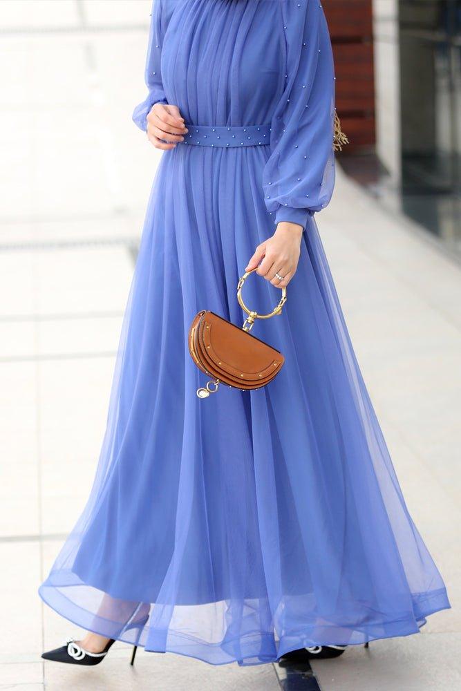 Patti maxi tulle dress with long sleeve in blue - ANNAH HARIRI