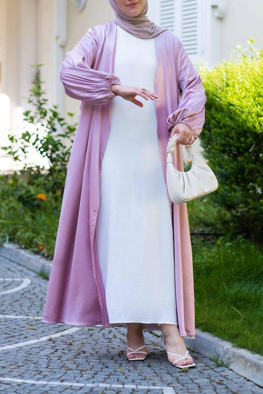Pink Brontei open front abaya throw over with pockets and a detachable belt - ANNAH HARIRI