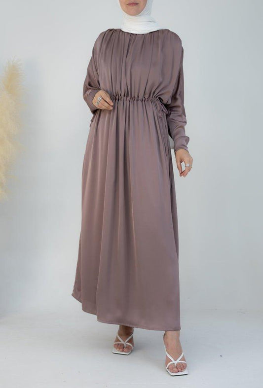 Pink Lilita gathered batwing sleeve maxi dress with tie waist and boat neck in satin - ANNAH HARIRI