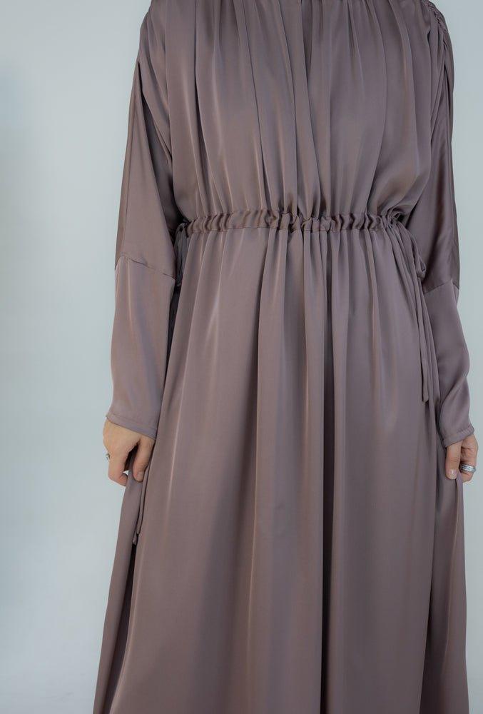 Pink Lilita gathered batwing sleeve maxi dress with tie waist and boat neck in satin - ANNAH HARIRI